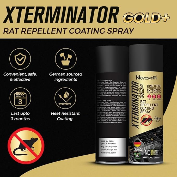 Image of Novosynth XTERMINATOR Gold+ Rat Repellent 300ml(Pack Of 10) Thermal Protection Coating Spray | Protect Engine & Wires In Car, Bike | Non Toxic | No Kill Only Repels | Upto 60 Days Protection