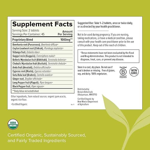 Miniatura 6 de Banyan Botanicals Trim Support - USDA Organic, 90 Tabletas - Aumenta el metabolismo - Apoyo a la pérdida de peso a base de hierbas*