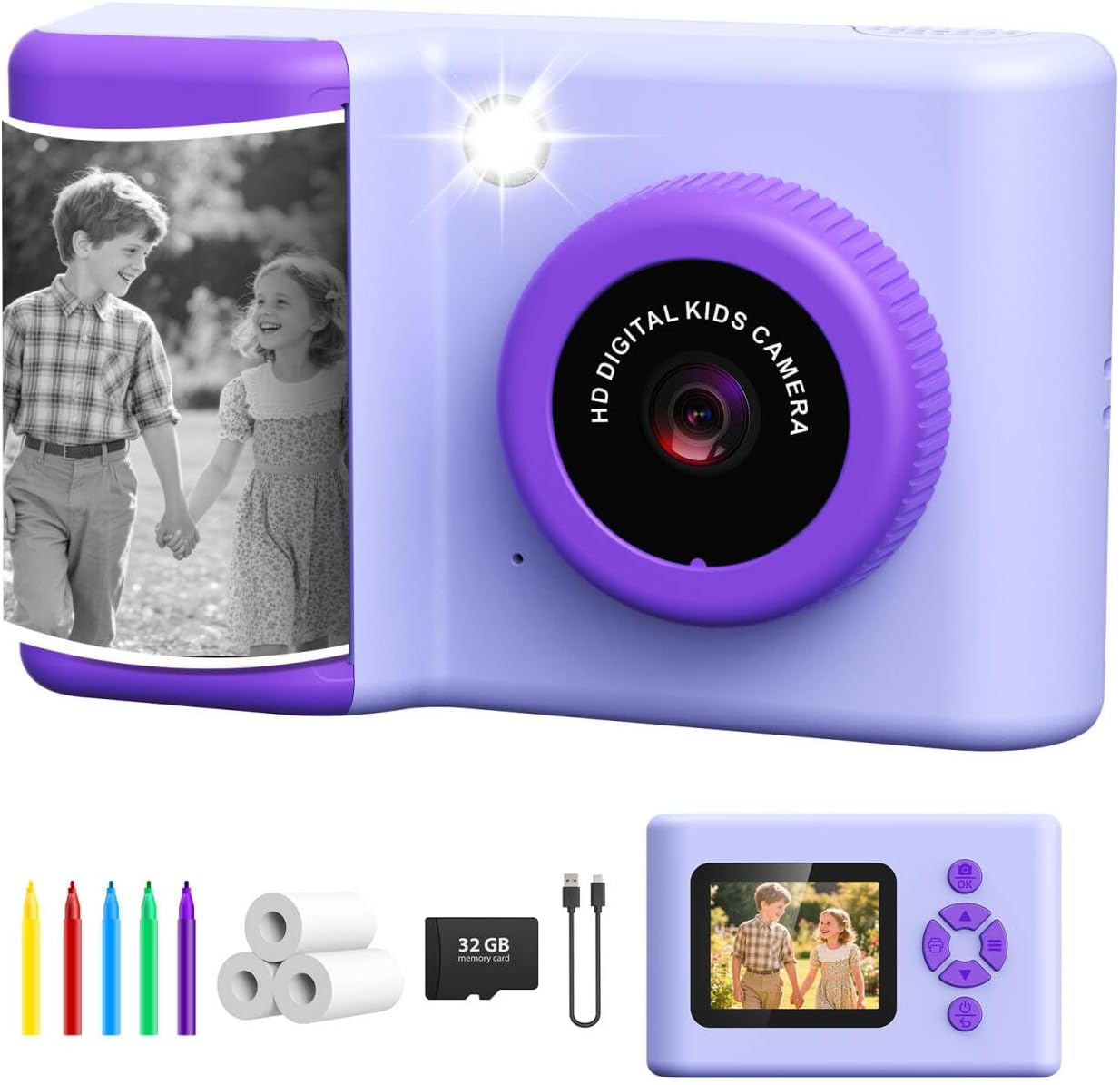 Instant Camera Children 2.4 Inch Children's Camera Instant Camera with LED Flash 32GB Card Printing Paper 20MP 1080P Digital Camera Children Instant Print Gift for 3-12 Years Girls Boys Purple
