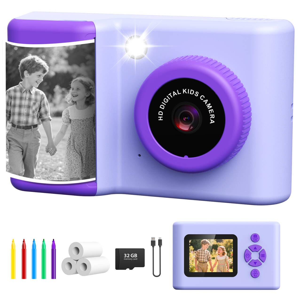 Macchina Fotografica Bambini Istantanea, 2,4 Pollici Fotocamera Istantanea Bambini 20MP 1080P Fotocamera Digitale con 32GB Scheda, Carta da Stampa, Flash LED, Regalo per Bambina e Bambino 3-12 Anni