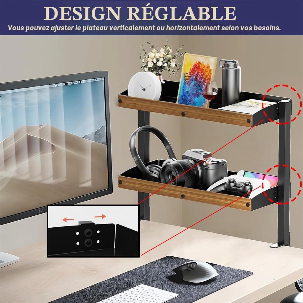 Organisateur de Bureau à Pince avec Plateau de Gestion des Câbles sous Le Bureau, Étagère de Bureau à Pince à 2 Niveaux avec Plateau de Rangement Réglable pour Accessoires de Table