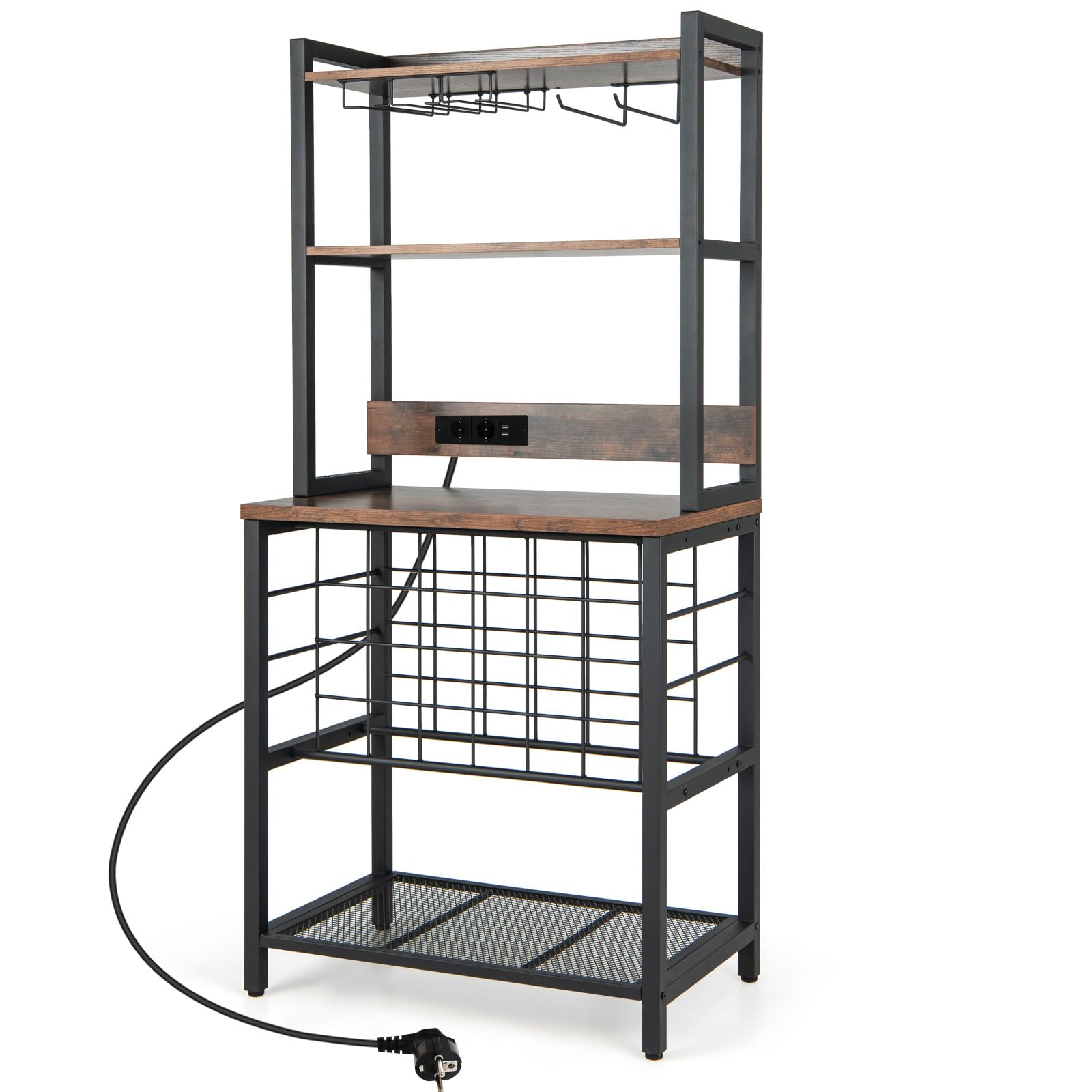 KOMFOTTEU Scaffale per vino con prese e USB per 24 bottiglie e tazze, mensola da cucina a 5 Ripiani con piano di lavoro, scaffale multiuso per più dispositivi, portabottiglie per vino 76 x 48 x 163 cm
