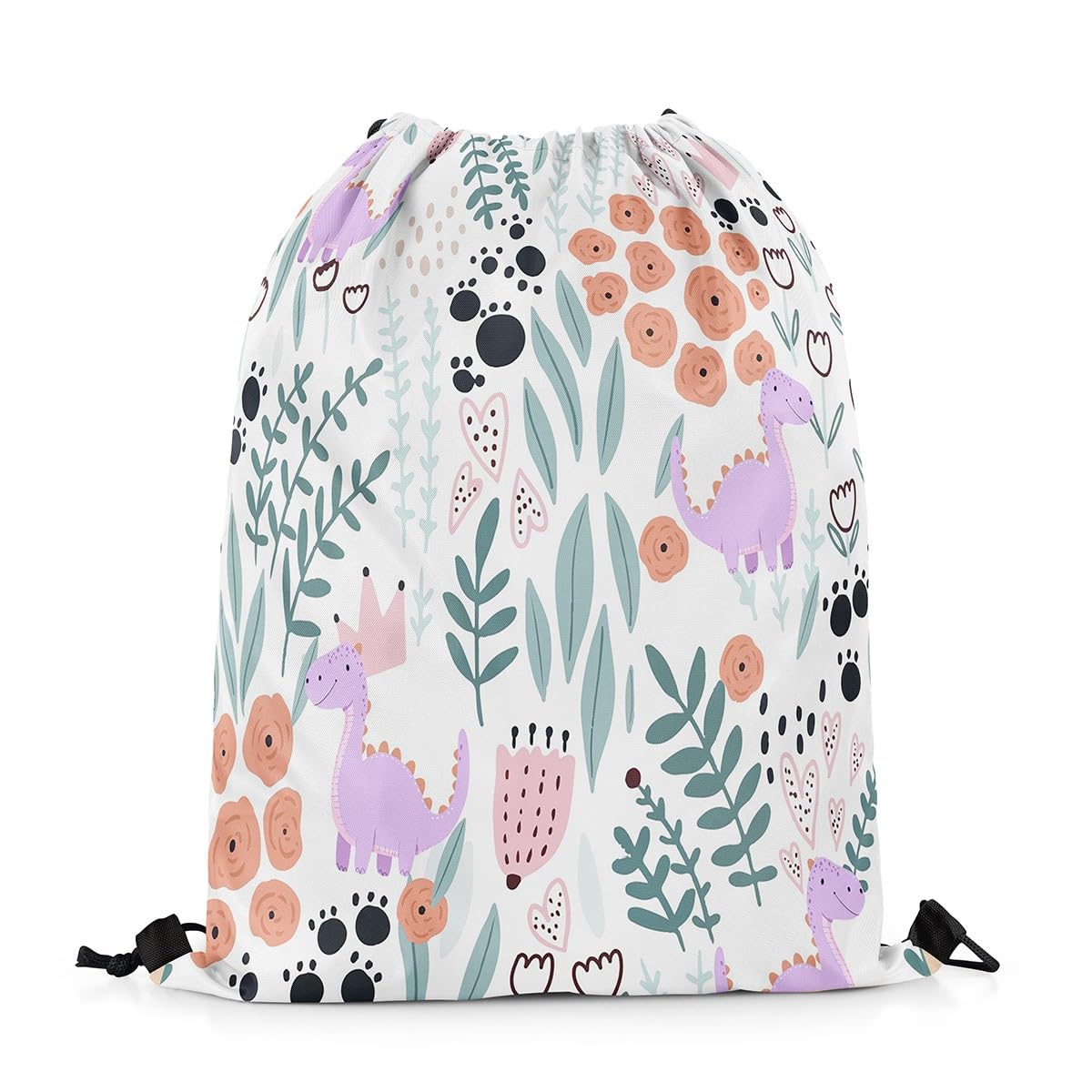 Homewish Dinosaur String Backpack,Kawaii Purple Dinosaur Drawstring Bags 33 x 40 cm,Ancient Animals Botanical Floral Drawstring Backpack,Cute Love Heart Paw Print Draw String Back Bag