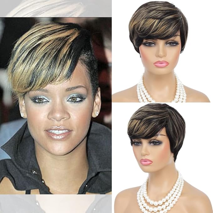 Yonova Highlight Blonde Pixie Short Hair Cut Human Hair Wigs for Black Women, Short