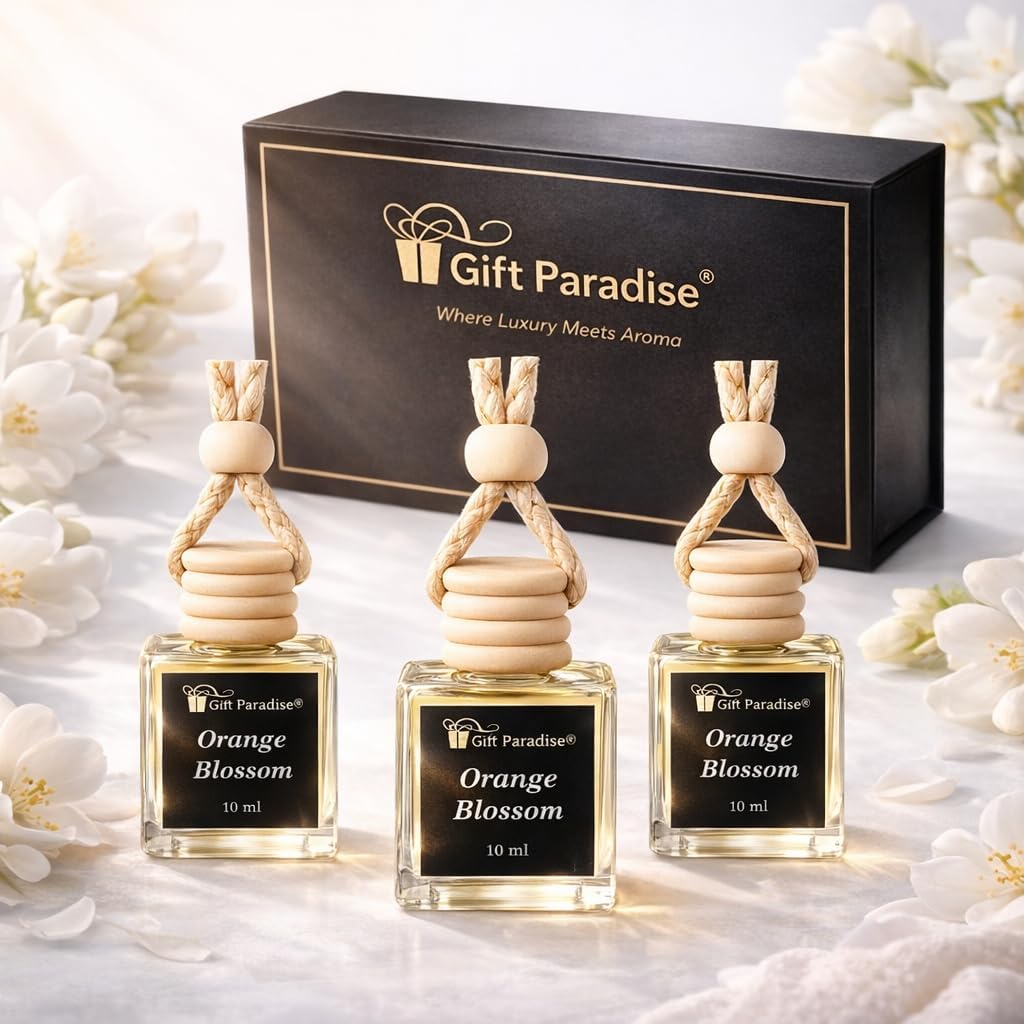 Gift Paradise® Floral Car Air Freshener Set of 3 (10 ml Each) – Neroli & Orange Blossom Luxury Perfume Scent Diffuser with Wooden Cap – Long-Lasting Hanging Car Fragrance – Premium Magnetic Gift Box