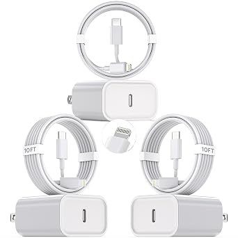 10Foot Fast iPhone Charging Cable,3-Pack Super Fast i Phone Charger USB C Charging Block Wall Charger