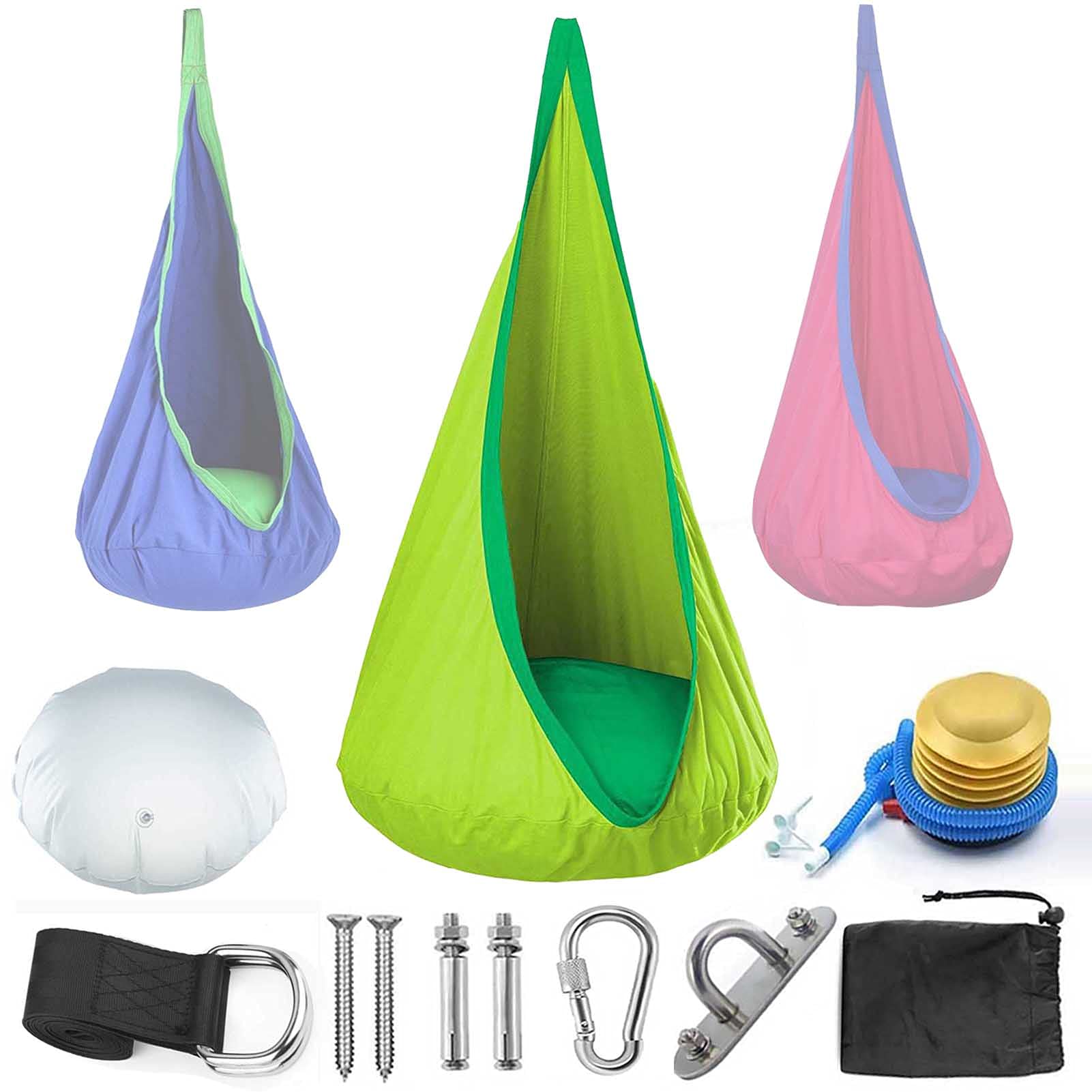 TBATM Kids Pod Swing Seat, Sensory Hammock Children Hanging Chair 176 lbs Load Capacity for Fun Indoor Outdoor Use with Cushion & Stainless Steel Hanging Kits, Easy to Install,Green