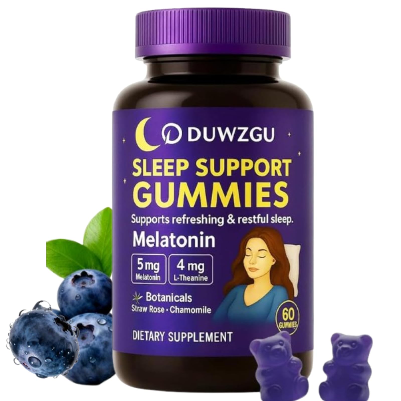 DUWZGU Suplemento para o Sono em Gomas com Melatonina, L-teanina, Camomila, Erva-cidreira e Passiflora, sabor blueberry, 60 gomas