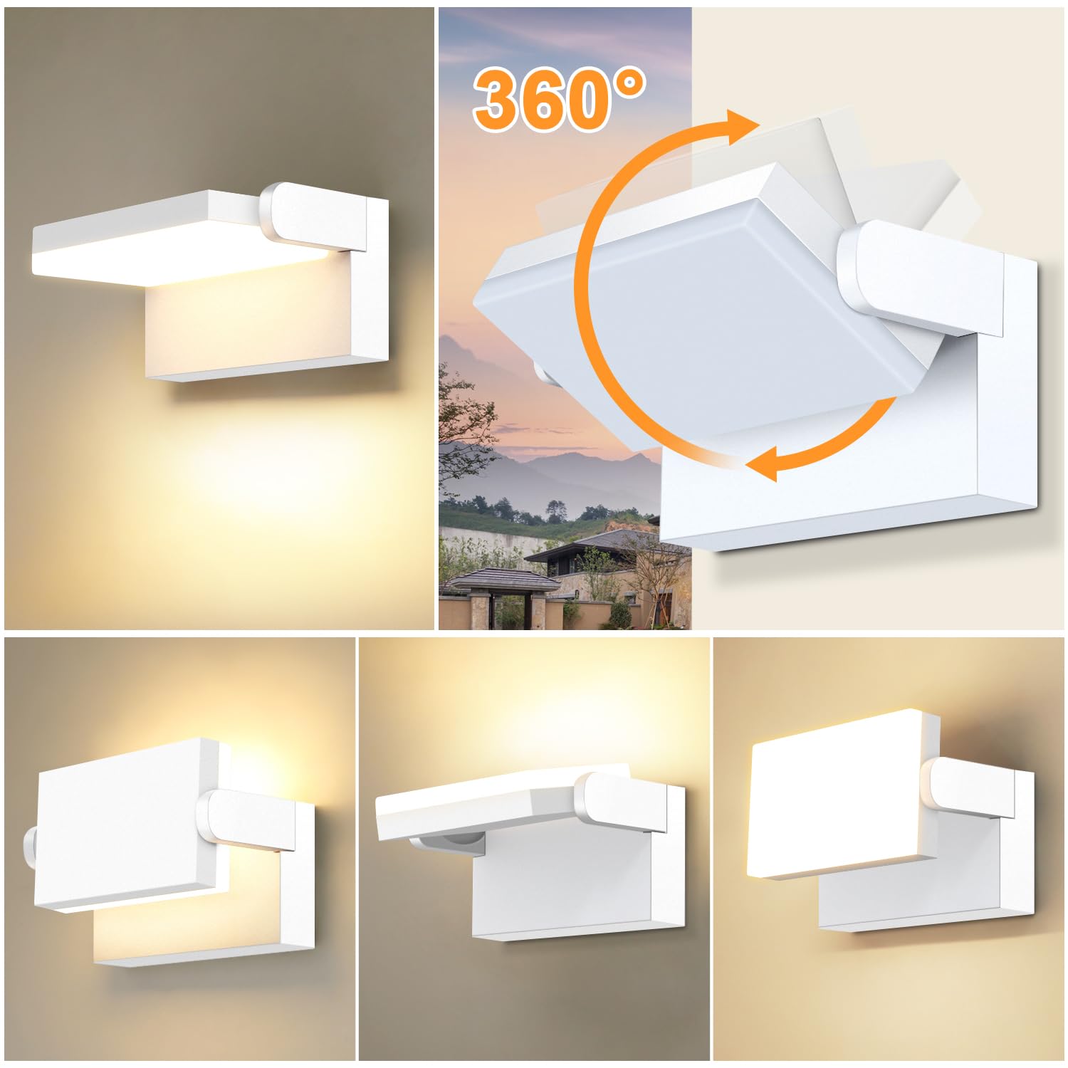 ledmo 60W Applique da Parete LED Esterno 360° Moderno Lampade da Esterno Regolabile Faretto Led da Esterno per Terrazza Ingresso Giardini, Bianco, 126 LEDs, 5000 Lumen, Bianco Caldo 3000K, IP65