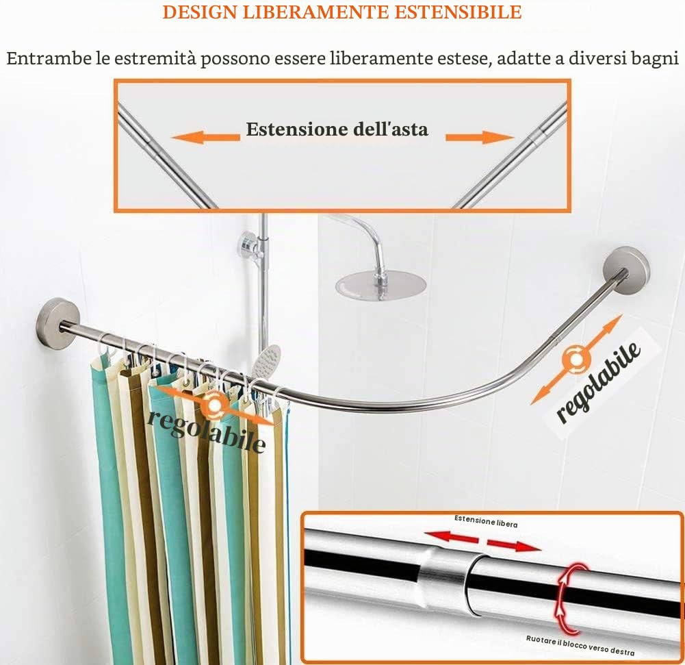 Asta per Tende da Doccia Angolare L Shaped Telescopica Barra Bastone Tenda Doccia A Pressione 304 Acciaio Inossidabile per Bagno Negozio di Abbigliamento (Size : 80 to 100 x 80 to 100cm)