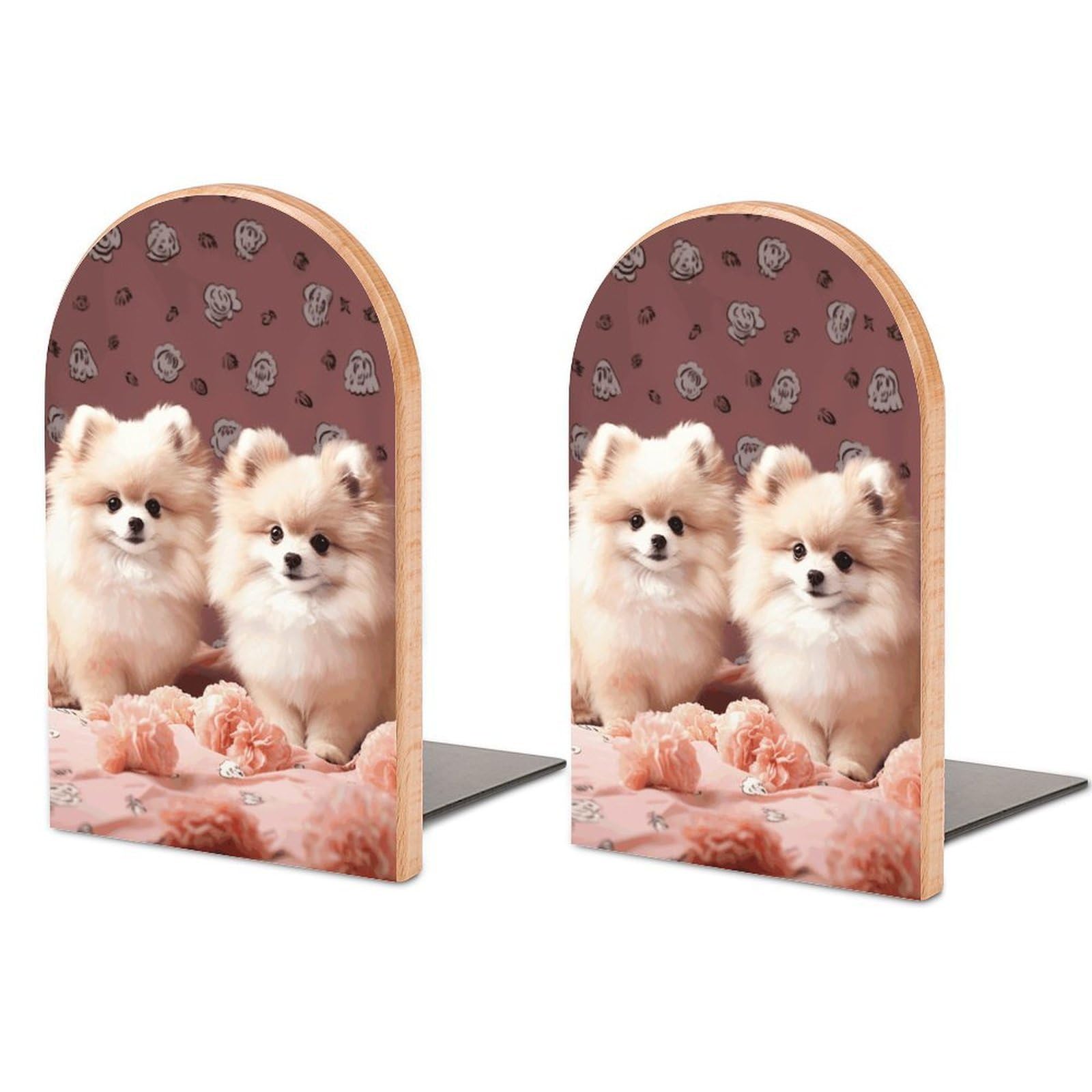 Beech Wood Book Ends Pomeranians Puppies and Point Printed Bookend for Shelves Home Decorative Bookends for Heavy Books for Office Bookshelves
