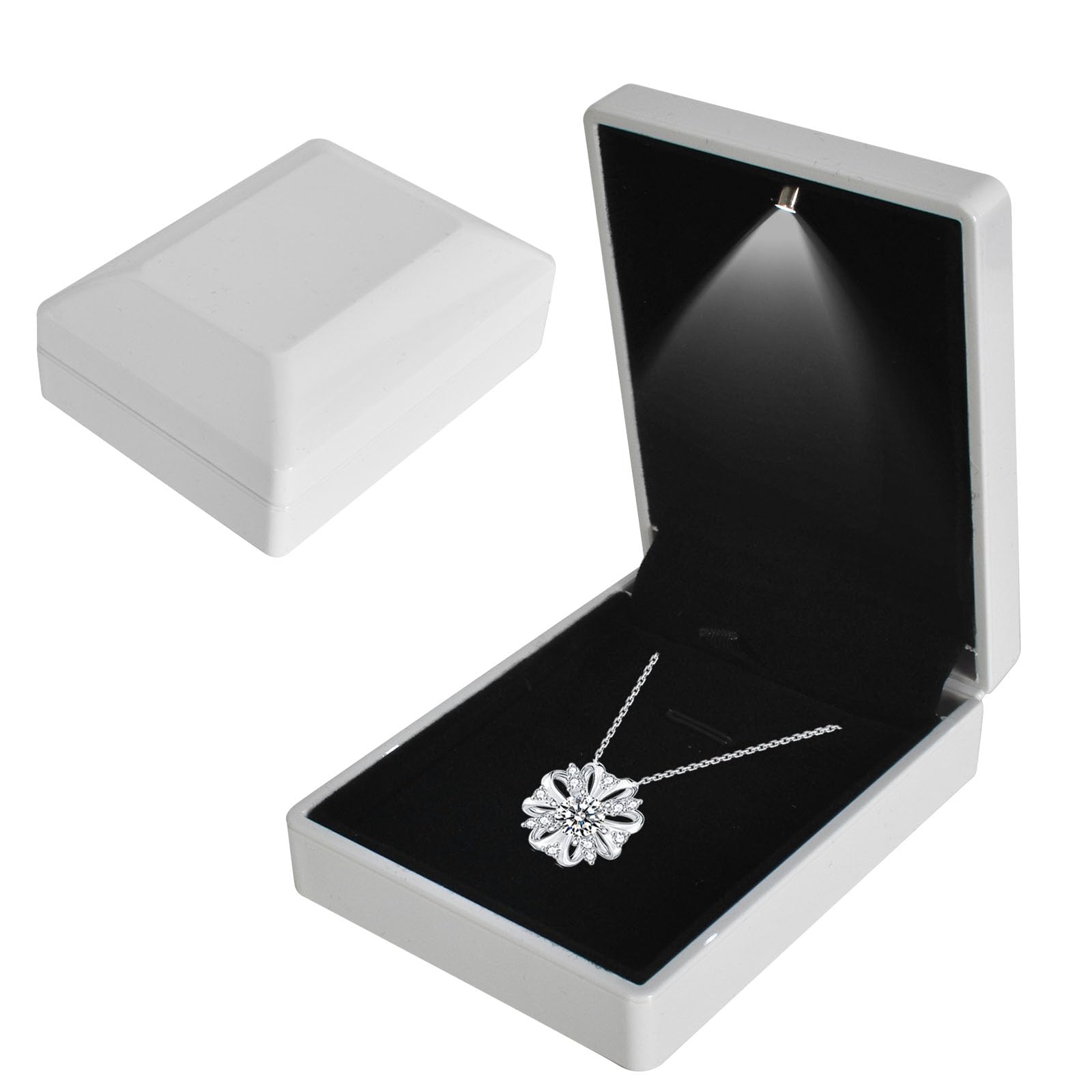 Jewelry Box, LED Lighted Pendant Box, Necklace Bracelet Rings Pendant Storage Gift Case, Light Up Pendant Case, for Wedding Proposal, Engagement Valentine's Day Favors Charms, 7*9*3.3cm, White