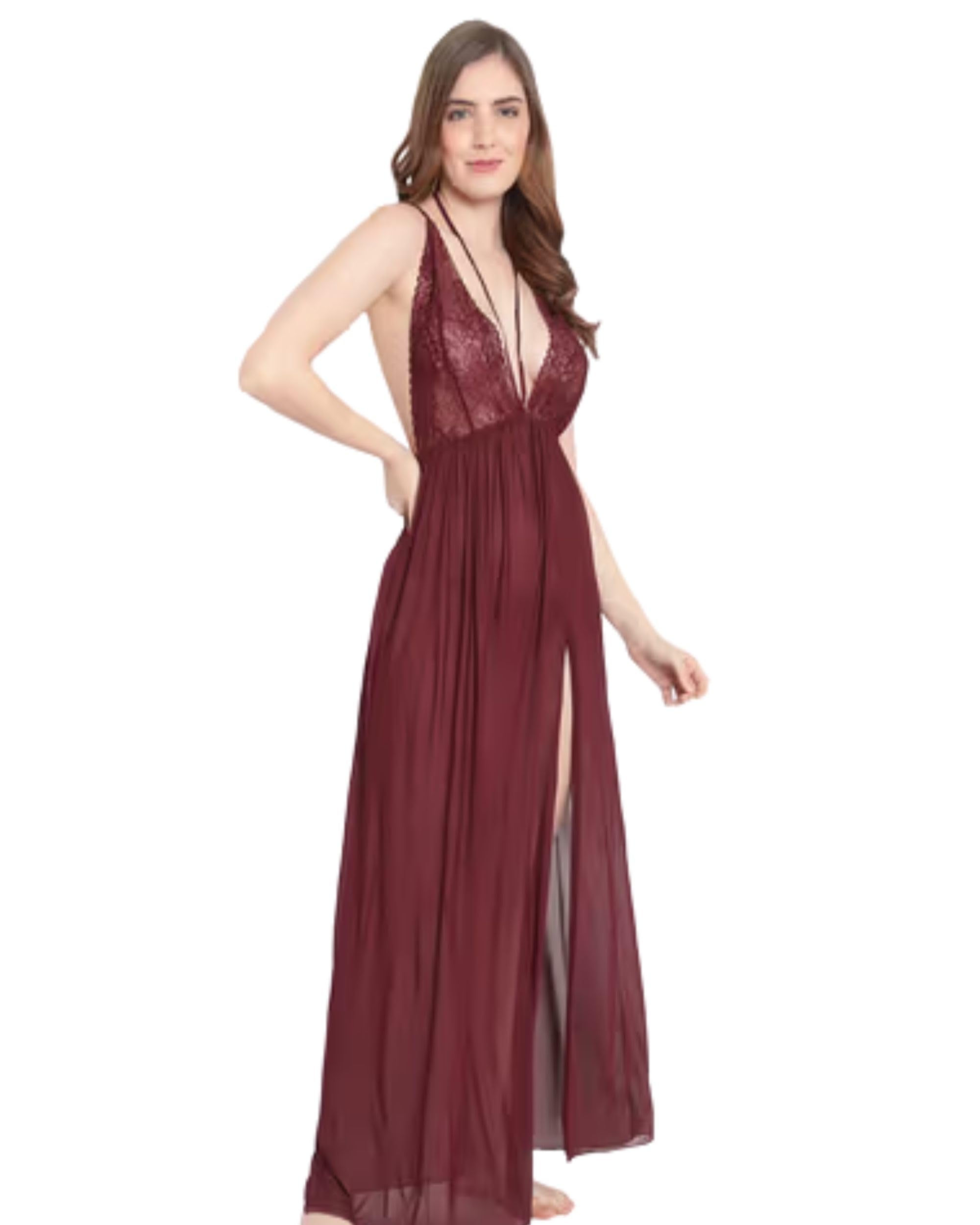 A.S. Lace Babydoll Nightdress Sheer Mesh Long Nightwear Deep V Neck Sleeveless Bridal Lingerie Maxi Nighty Honeymoon Sleepwear Elegant Night Dress for Women Red-image-45