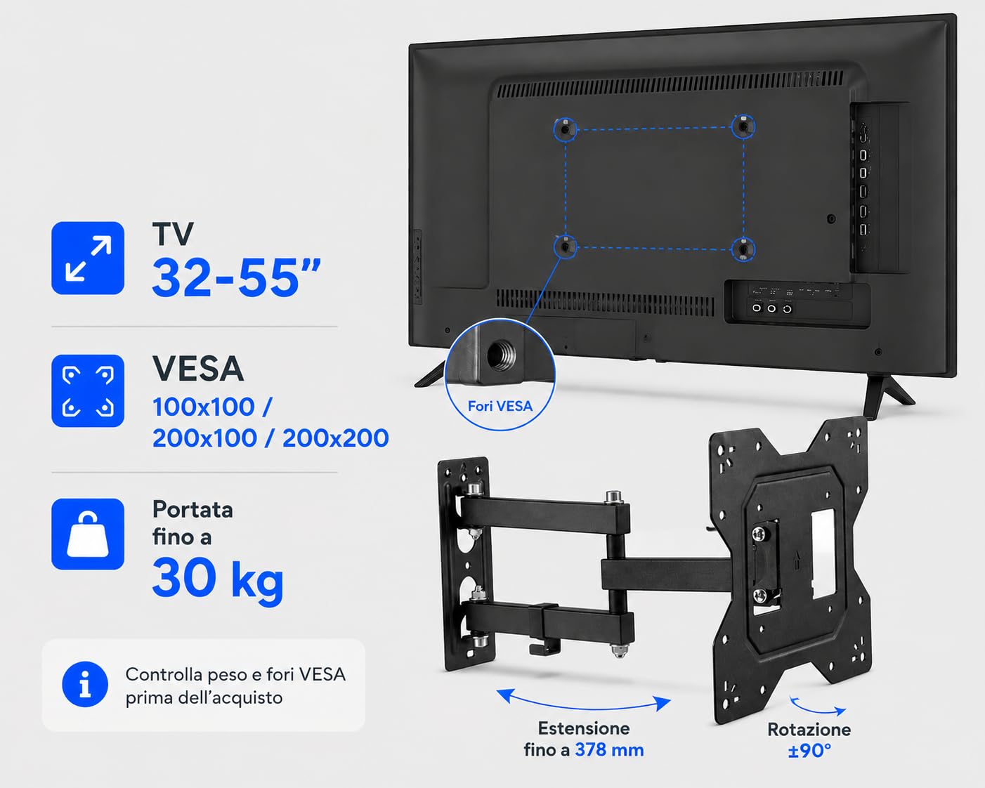Supporto TV Parete 32-55 Pollici, Staffa TV Girevole ±90° e Inclinabile +3°/-10°, Braccio Estensibile 56-378 mm, VESA 100x100/200x100/200x200, Portata 30 kg, Nero