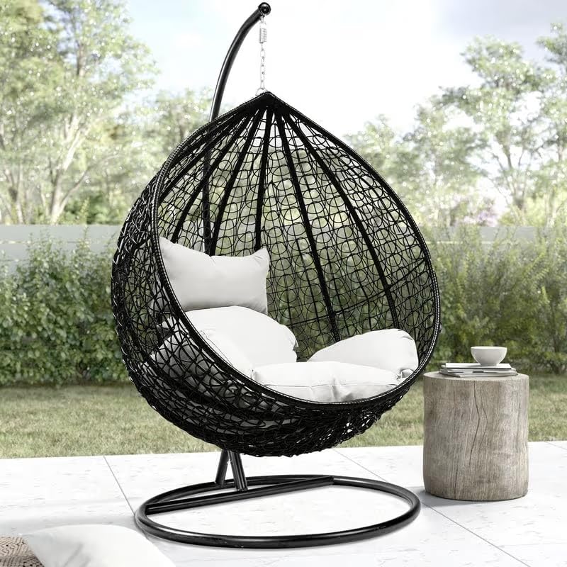 Image of Single Seater Swing Chair with Stand & Cushion Outdoor Indoor Balcony Garden Patio, Powder Coated Frame, UV-Protected Wicker, Premium Cushion, Swing Chair (Brown-Blue)