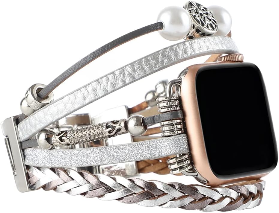 TOMCRAZY Posh Leather Bracelet Compatible with Apple Watch Series 8 Ultra 7 6 5 4 3 2 1 SE Braided Rope Wristband，Multi-layer Beads Metal Trinkets Decorations Charms Bands Glitter Strap for iwatch 49mm 45mm 41mm 40mm 44mm 42mm 38mm