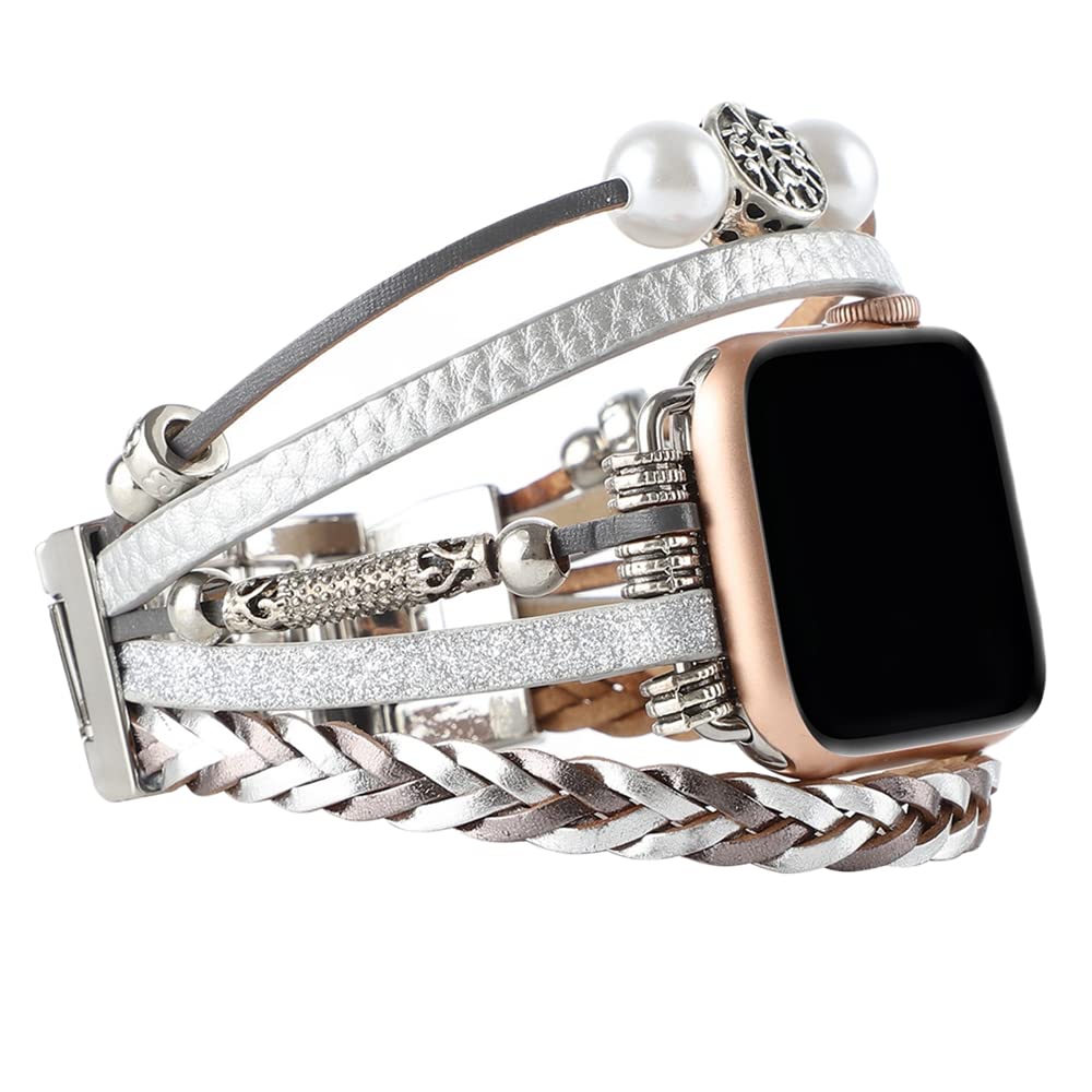 TOMCRAZY Posh Leather Bracelet Compatible with Apple Watch Series 8 Ultra 7 6 5 4 3 2 1 SE Braided Rope Wristband，Multi-layer Beads Metal Trinkets Decorations Charms Bands Glitter Strap for iwatch 49mm 45mm 41mm 40mm 44mm 42mm 38mm