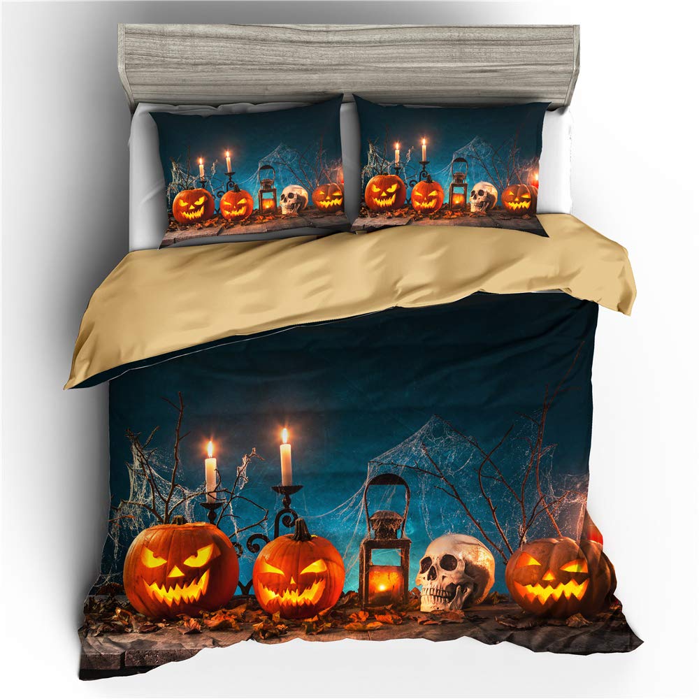 Odot Skull 3D Halloween Bedding Duvet Cover Set, Bedding Easy Care Microfiber Anti-Allergic Soft & Smooth With Pillow Cases Duvet Cover Pillowcases (Single 3Pcs-135X200cm,)