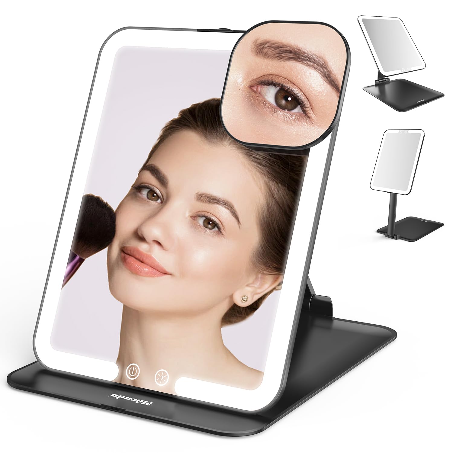 Mocado Black Travel Makeup Mirror With Light, Tripple Folding Vanity Mirror With Lights, 3 Colors Lighted Makeup Mirror, 1500Mah Rechargeable, Memory Function, Freely Adjust Height And Angle(Black)