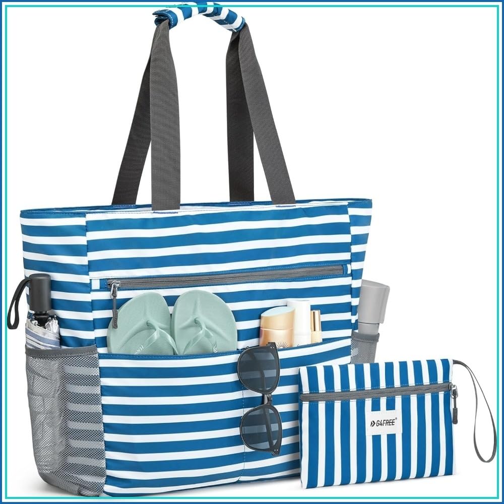 Sac fourre-Tout de Plage pour Femme, Fourre-Tout Pliable de Plage résistant à l'eau avec Pochette, Rayures Bleues et Blanches