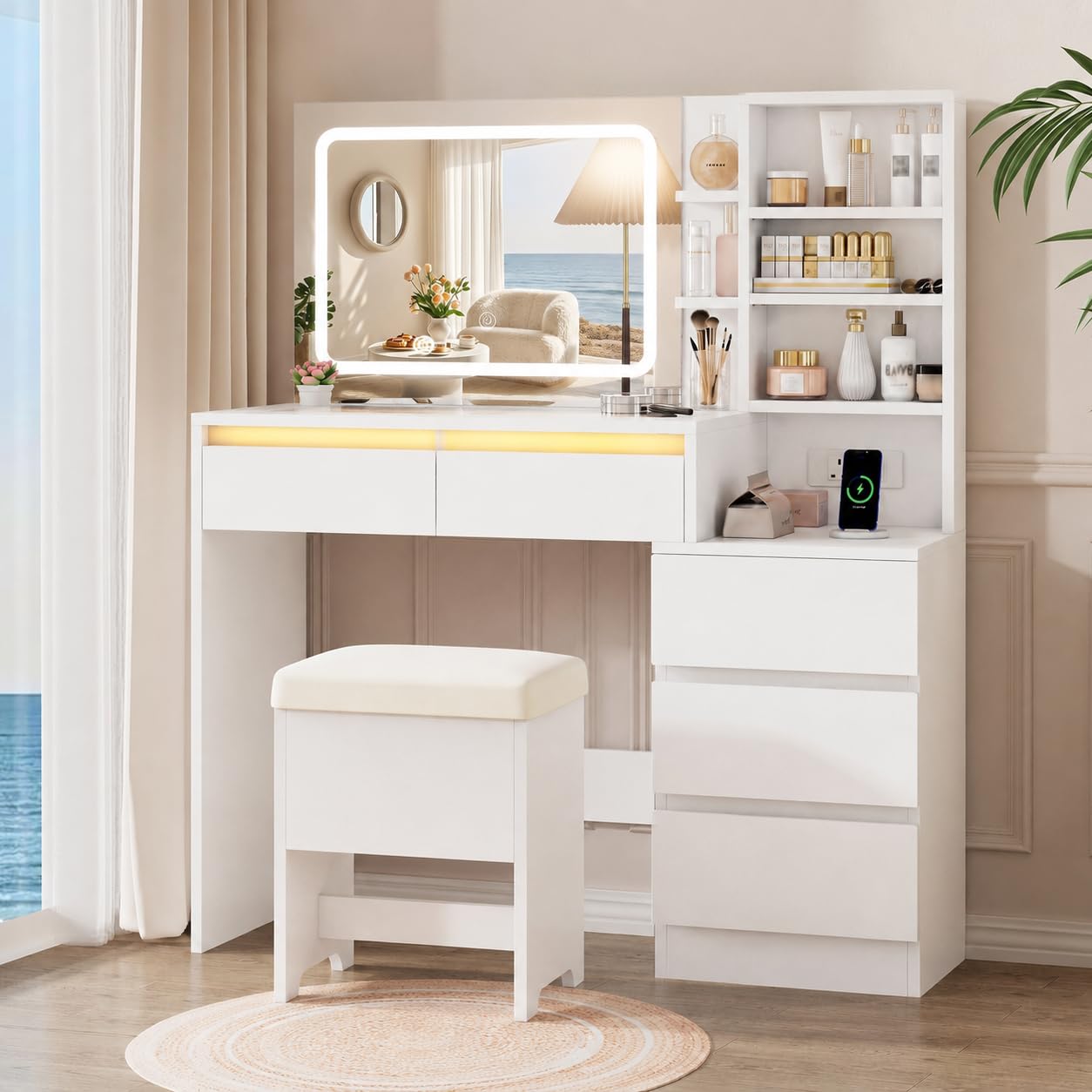 IRONCK Dressing Table with Mirror and 3-Color Lights, Charging Station, Vanity Desk with 5 Drawers, Dressing Chair, 6 Open Shelves, Transparent Tempered Glass, Modern Vanity Table for Bedroom, White