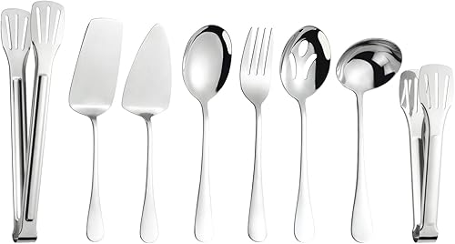 Utensilios grandes para servir, juego de 8 piezas de acero inoxidable, incluye cucharas de servir, tenedor de servir, cucharón de sopa, pinzas para