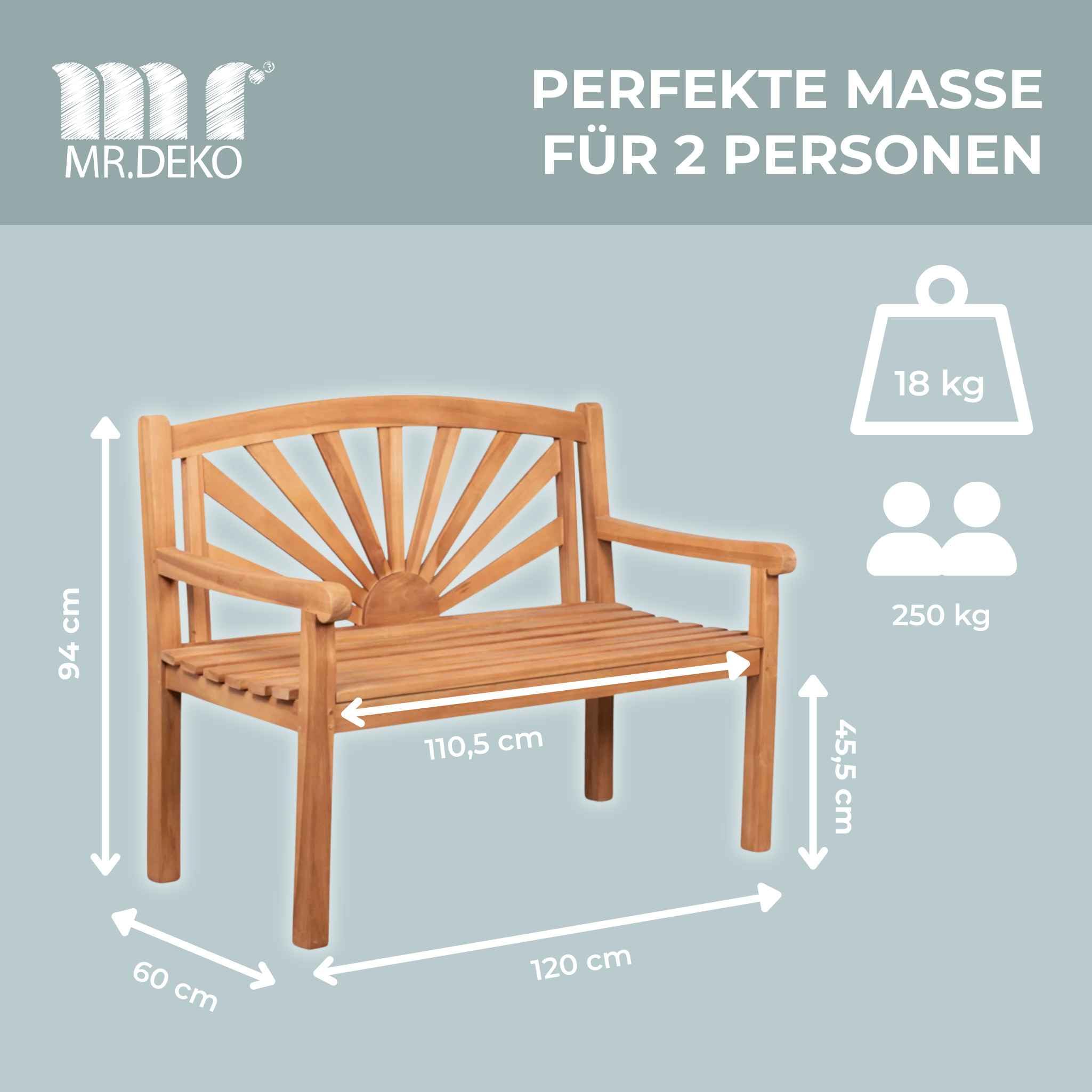 MR. DEKO® Gartenbank Motiv Teakholz | Holzbank mit Lehne | Friesenbank für draußen | 2-Sitzer 120x60x94 cm | Sitzbank Teak massiv & wetterfest Garten Balkon Terrasse | Parkbank zum Relaxen (Sonne)