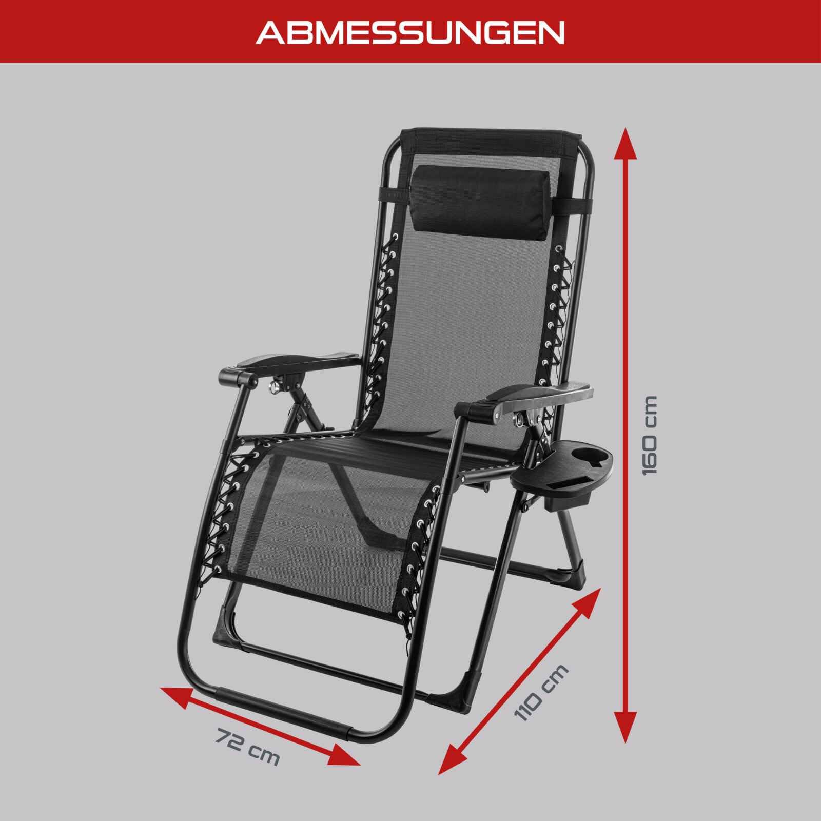 Practixx Liegestuhl klappbar mit Polsterauflage & Kissen | Extra breit 72cm | Getränke & Handyhalterung | Bequeme Auflage | Gartenstuhl Liegesessel Gartenliege schwarz robust stabil & wetterbeständig