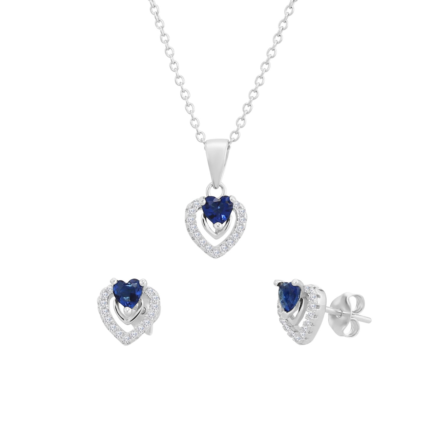 TILO JEWELRYSterling Silver Heart Halo Earrings and Pendant Set with Simulated Birthstone & CZ for Girls, 16''