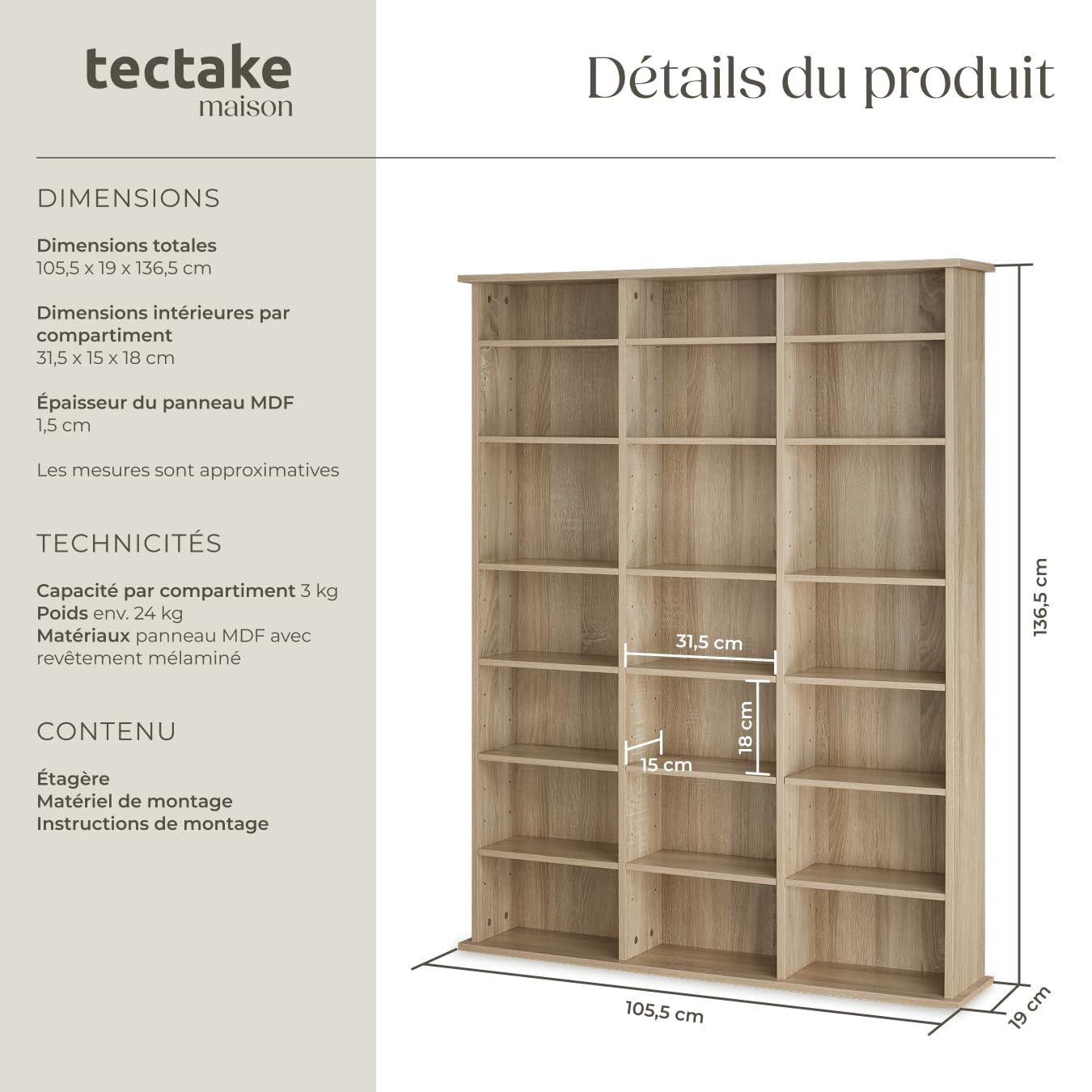 tectake® Étagère Bibliothèque Étagère Rangement CD/DVD pour 840 CDs - 105,5x19x136,5 cm Meuble de Rangement Moderne pour Rangement Bureau, Salon, Chambre, Etagere Rangement Meubles de Salon