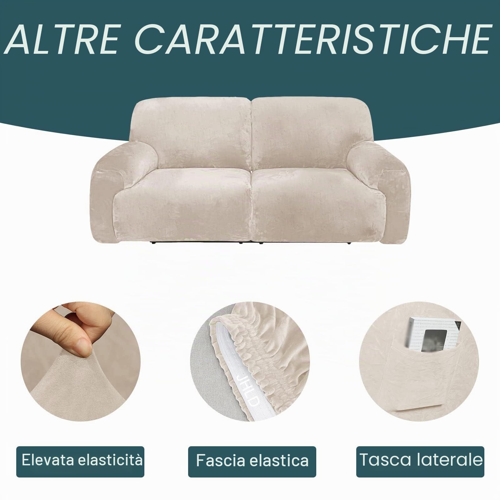 Fodera for poltrona reclinabile extra large in velluto elasticizzato, 6 pezzi Fodera for poltrona reclinabile a 2 posti morbida(Beige)