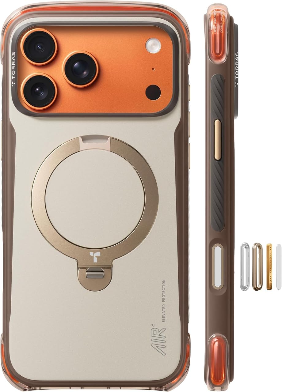 TORRAS Funda para iPhone 17 Pro MAX con Soporte Giratorio 360°, Carcasa Magnética MagSafe, Sistema de Protección Doble Airbag Air² Pro, Funda Protectora Antigolpes Mate Anti-Huellas - Piedra Cañón