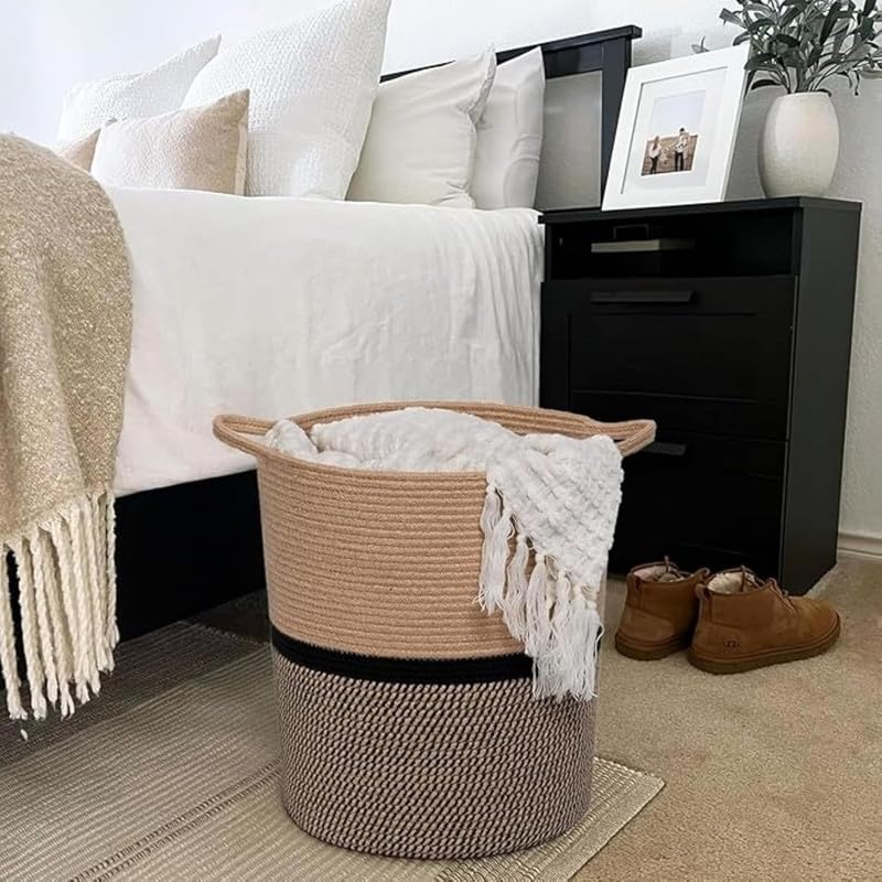 Image of Large Basket Natural Cotton Rope Storage Basket and Hamper for Cloths and Multi Usage in Living Room, Bedroom, Laundry Room (Size - 15 inch x 15 inch x 18 inch) (Beige Black Line)