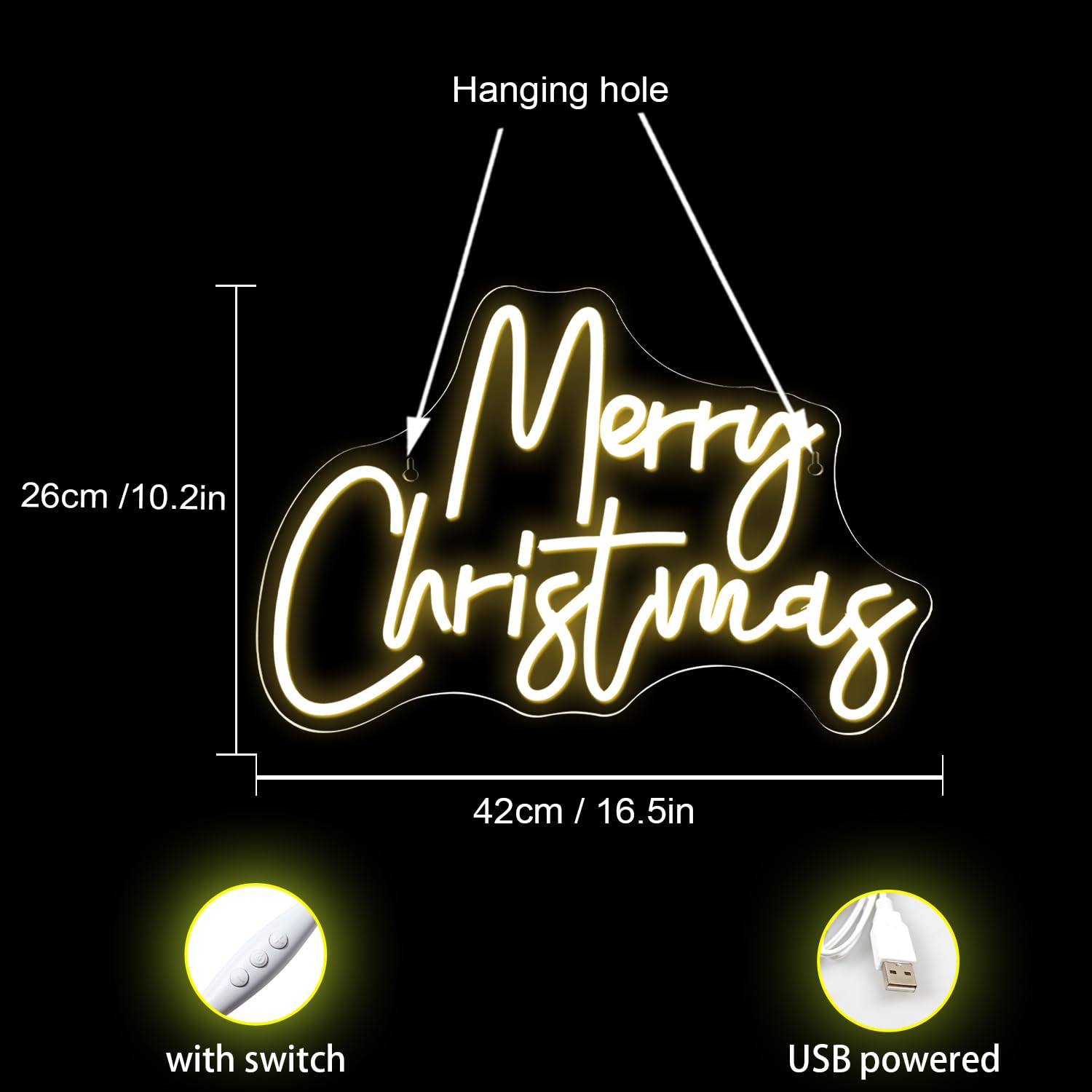 Ineonlife Merry Christmas Panneau Néon, Néon LED blanc chaud pour décoration murale, Panneau lumineux USB dimmable pour la maison, le bar, le salon, la chambre, la fête de Noël