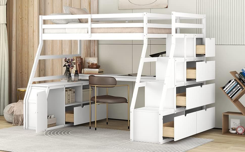Lifestyle image of the loft bed with drawers and shelves open, showing storage.