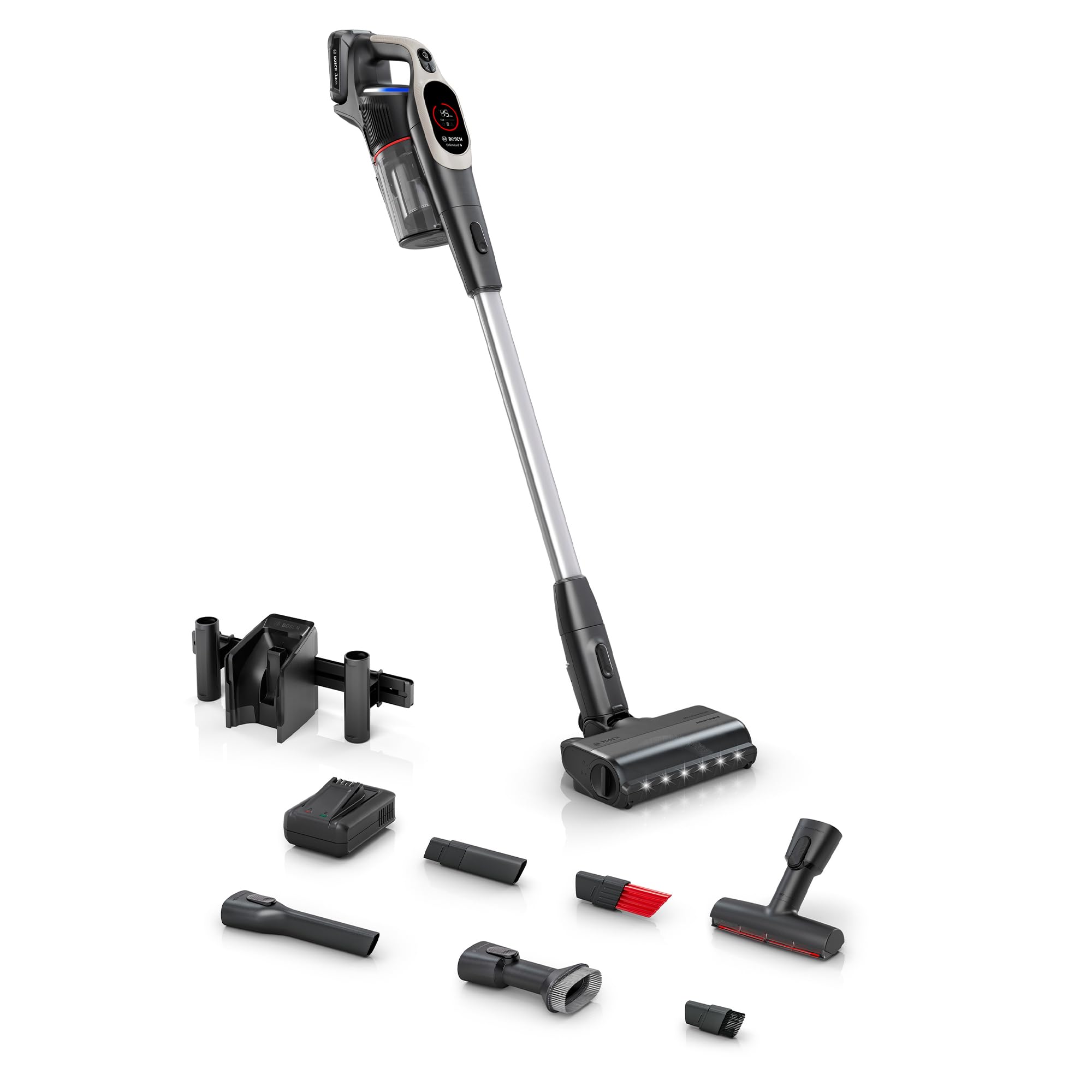 Bosch Unlimited 9 Cordless Vacuum Dark Cream Fast Charger 6 Accessories 60min Runtime 99 9 Dust Pick-up Dust
