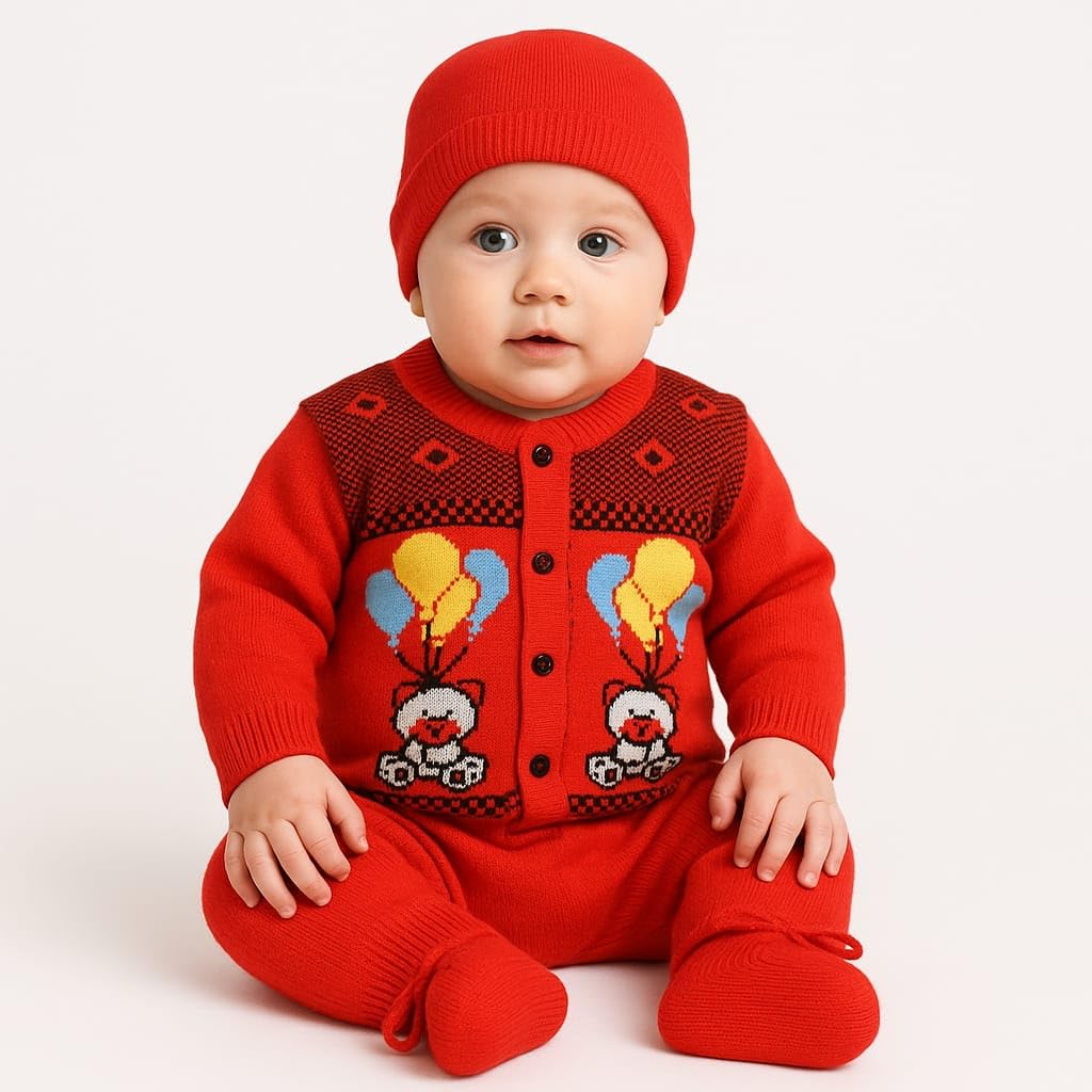 MOM & SON Baby Woolen Winter Wear Set for 0-6 Months | Knitted Sweater, Pant, Cap & Booties | Newborn Baby Woolen Dress Set for Boys & Girls | Warm Winter Clothing Combo (0-6 Months) - Image 2 thumbnail