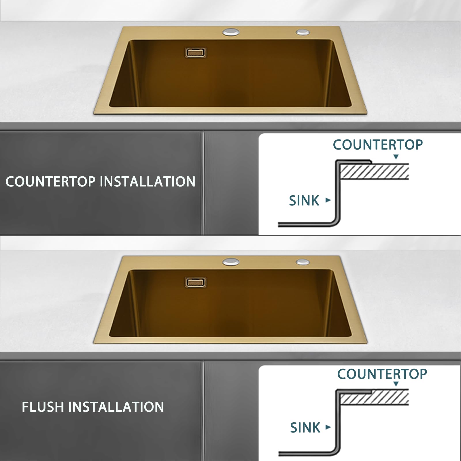 55 x 45 cm Or Evier Cuisine Inox 1 Bac avec Robinet de Cuisine Extractible, Petit Evier de Cuisine sous Plan/sur Plan avec Distributeur de Savon