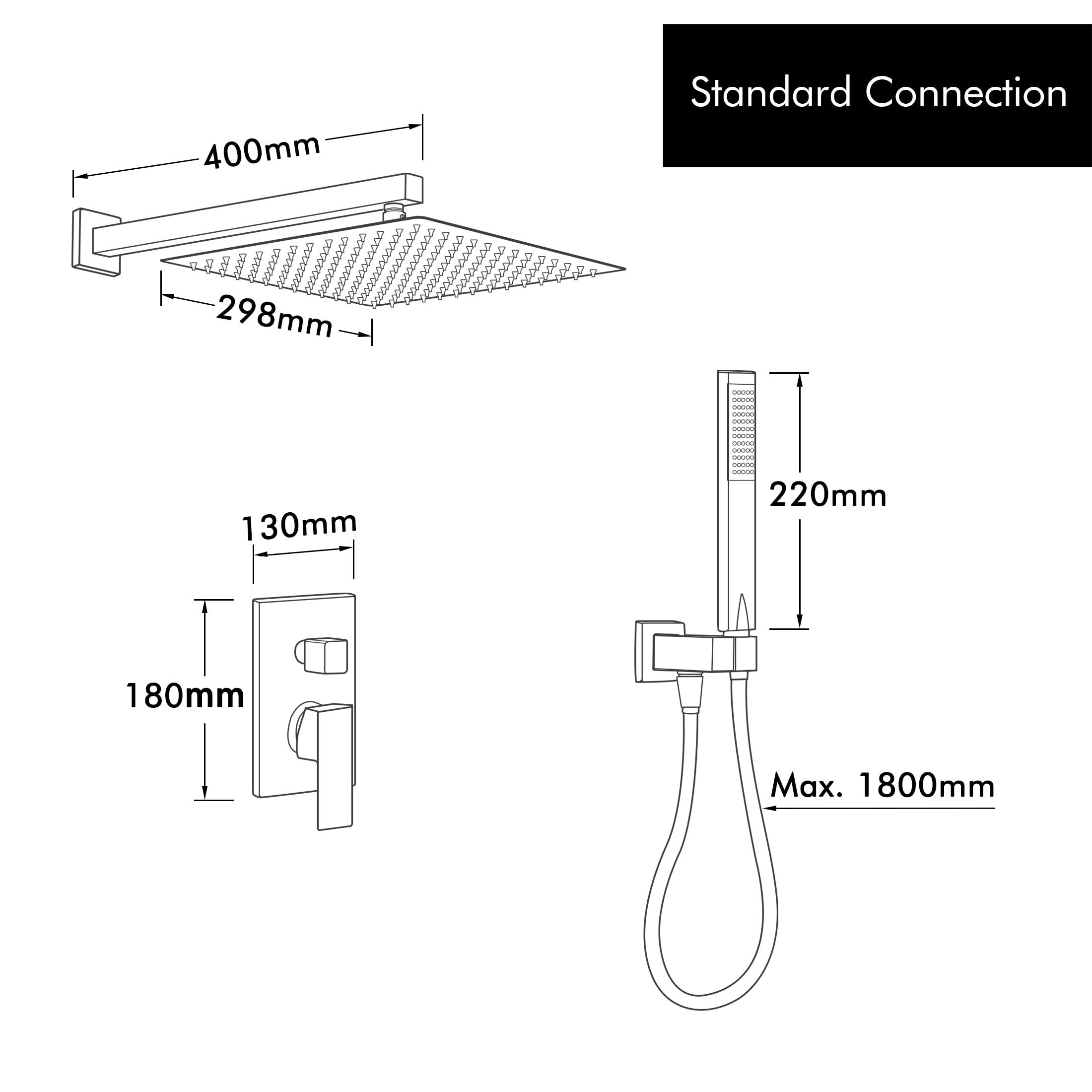 KES Unterputz Duscharmatur Set Schwarz Duschset Duschsystem 12 Zoll Duschkopf Regendusche mit Duschschlauch Handbrause Ventilkörper Hochdruck Dusche Armatur Set Wandmontage, X6230S12-BK
