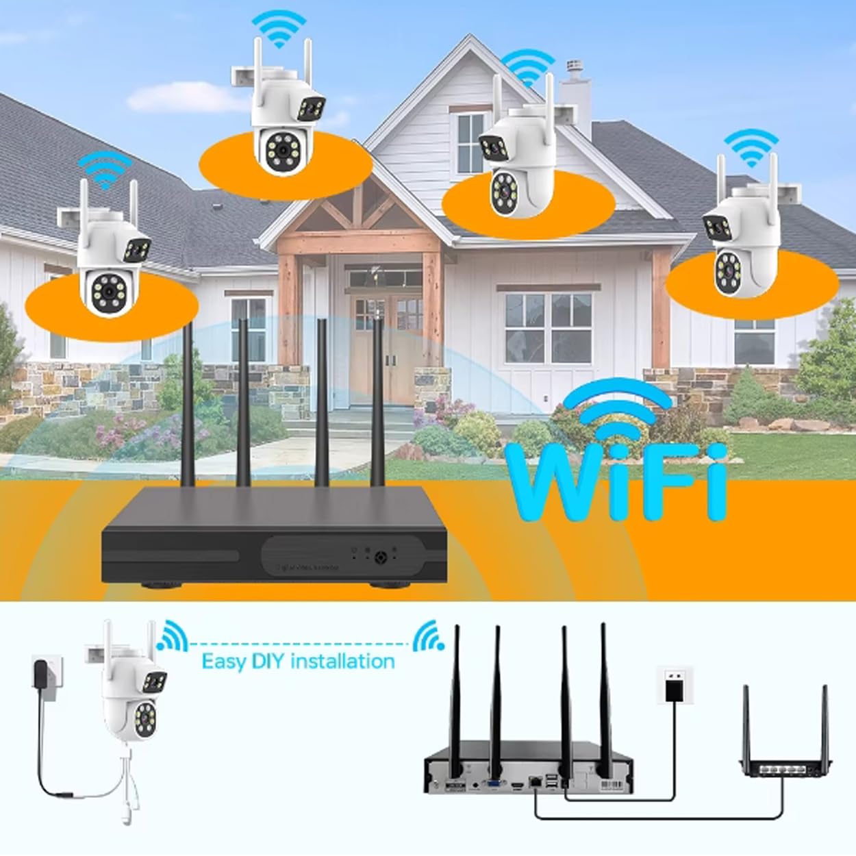 AKAVIG Sistema de cámara de seguridad inalámbrica WiFi de 16 canales de 4 MP con 8 cámaras de doble lente, kit NVR de vigilancia CCTV para interiores y exteriores con visión nocturna a color,