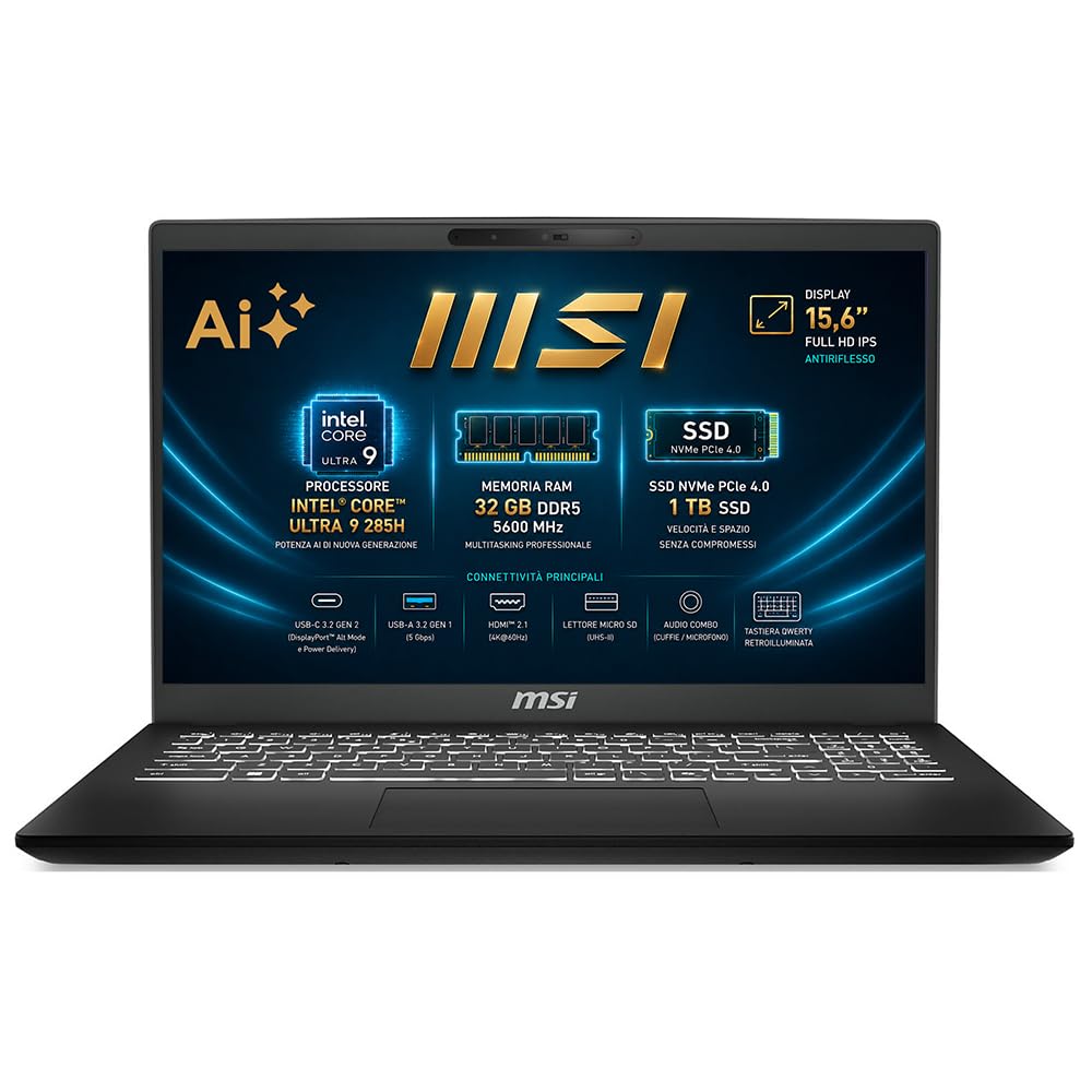 msi Modern AI Notebook Intel Core Ultra 9 285H, Ram DDR5 32Gb, 1Tb, Win11 | 16Core fino a 5.40 GHz, SSD PCI Nvme da 1 Tb, Memoria Ram DDR5 32Gb, Intel ARC Graphic, Display port, Win11, Garanzia Italia