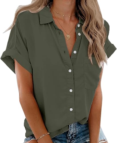 Beautife - Camisa de manga corta para mujer, con cuello en V, botones y bolsillos