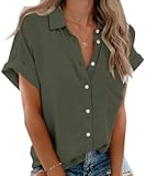Womens Short Sleeve Shirts V Neck Collared Button Down Shirt Tops with Pockets