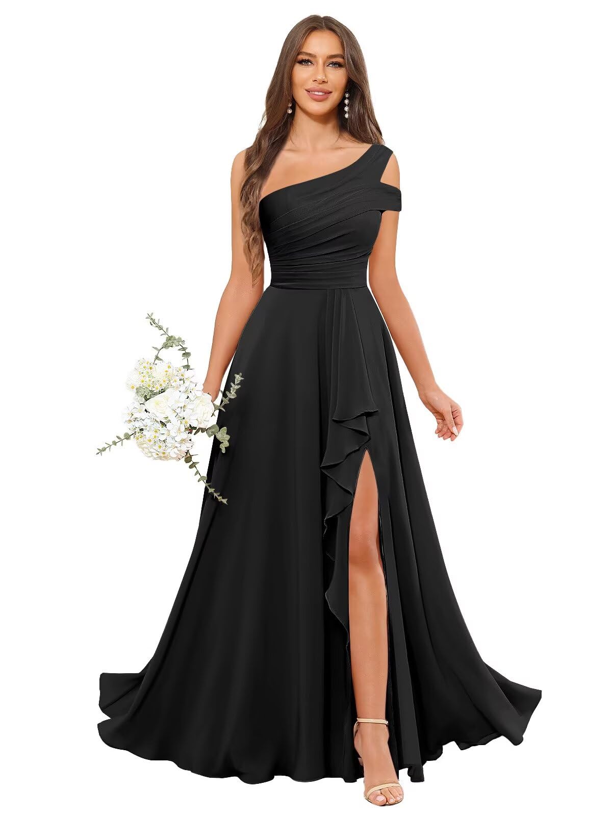 PAVERJER One Shoulder Bridesmaid Dresses Long for Women Ruched Ruffles Chiffon Formal Dress with Slit