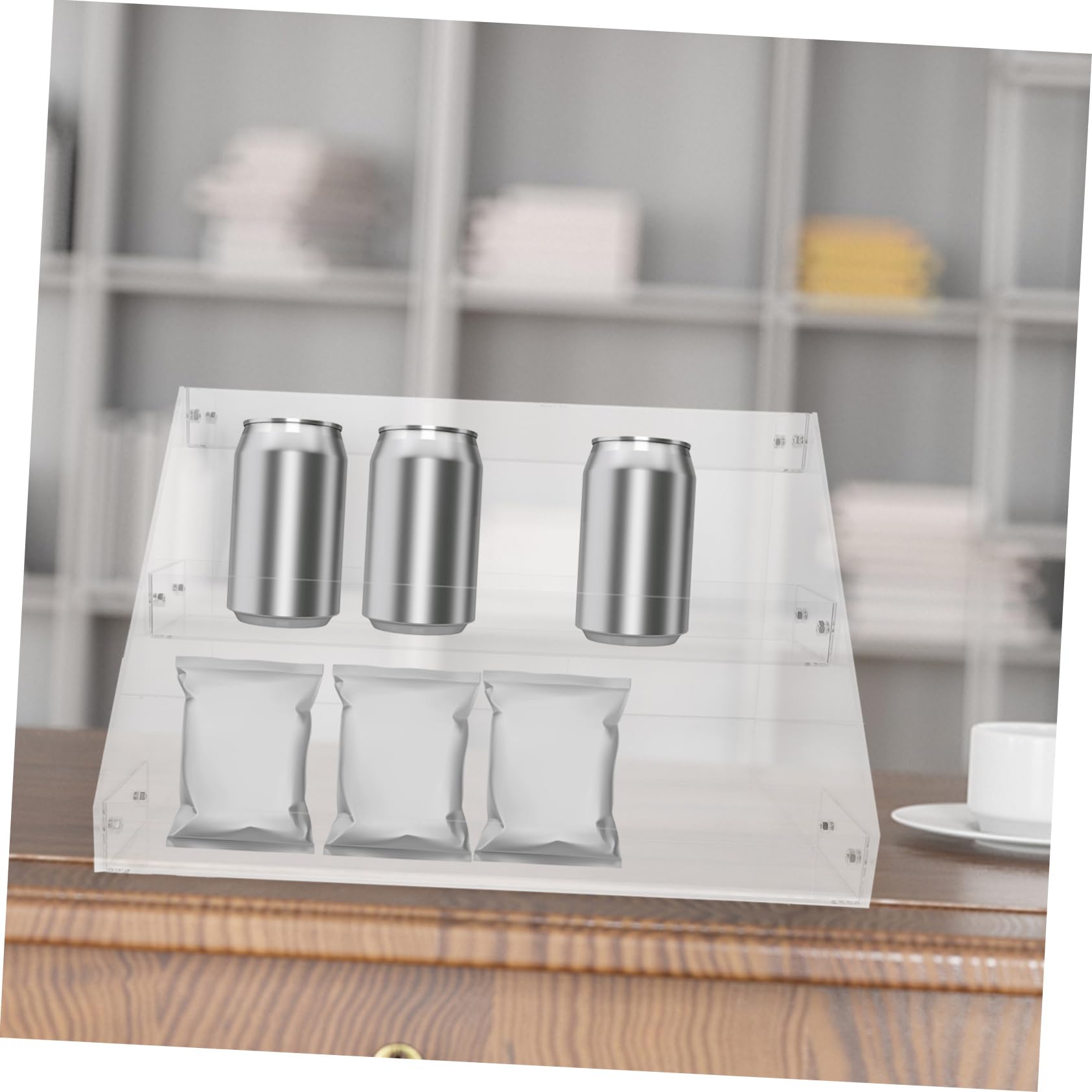 Estante acrílico para exhibición de bebidas, estante de almacenamiento de escritorio para bebidas y aperitivos, tienda minorista perfecta y elegante escaparate para productos de mercado
