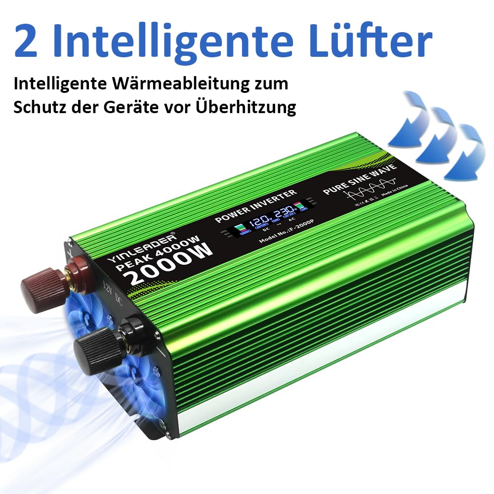 Yinleader Wechselrichter 2000W /4000W Spannungswandler Reine Sinuswelle 12V 230V mit 2 Eurosteckdosen und 4 USB Spannungsanzeige