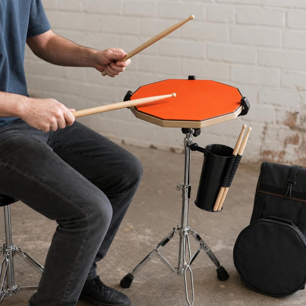 Caja Sorda para Percusión - Almohadilla Práctica Silenciosa con Baquetas y Soporte para Bateristas Principiantes - para Ensayos, Naranja