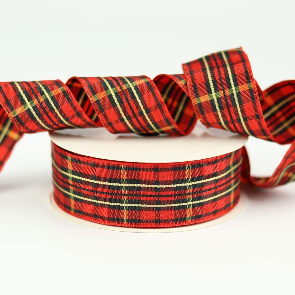 Red Vintage Plaid Tartan Ribbon, Woven Edge Wrapping Gingham Ribbon, Buffalo Checkered Ribbon for Christmas Home Party Decoration Wreath Making and Gift Wrapping, 5 Metre (16mm Width, Red Vintage)