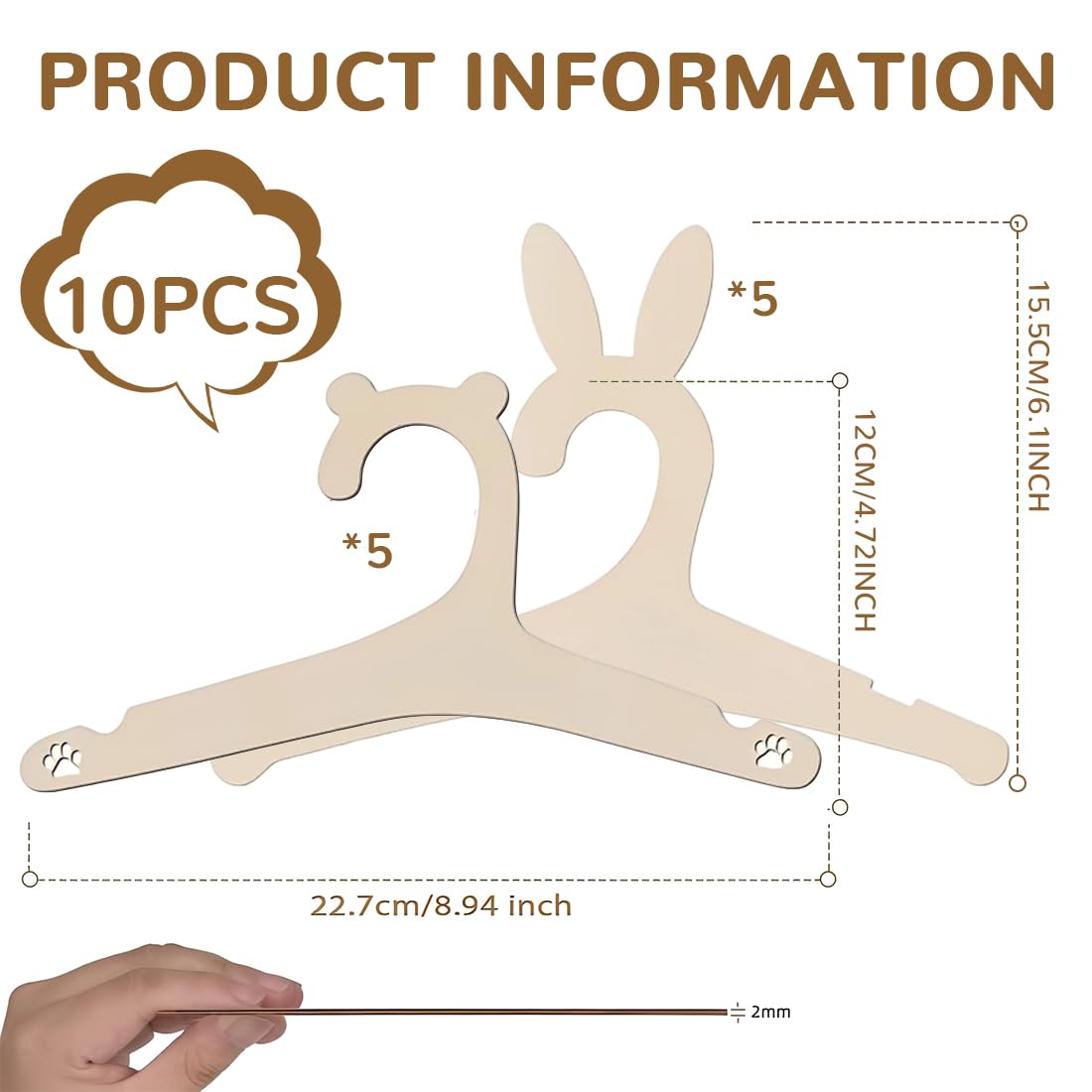 10 grucce antiscivolo in legno per neonati, decorate con orsetti e coniglietti, grucce resistenti, grucce per bambini per vestiti di neonati e bambini piccoli, regalo per neonati, 22,8 cm * 12,1 cm
