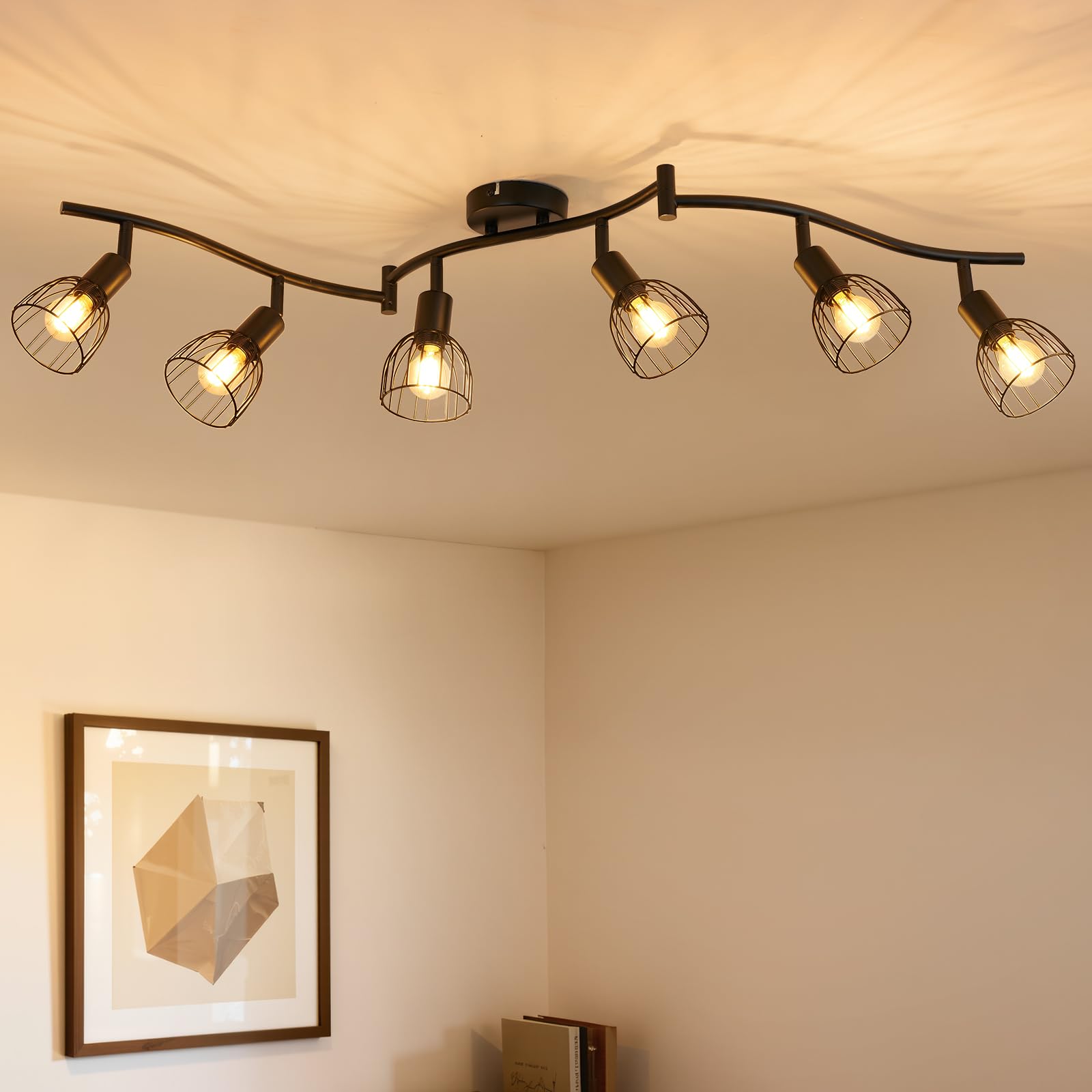 Leselux 6 Way Spotlights Ceiling Lights, Rotatable Kitchen Light Ceiling E14 Base, Black Metal Wire Cage Spot Lights Bar, Industrial Light Fittings for Living Room Bedroom Hallway, Bulb Not Included